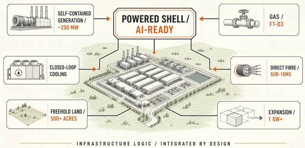 Labelled infrastructure relationship diagram showing self-contained power generation, gas, cooling, fibre, the powered shell, freehold land, and expansion